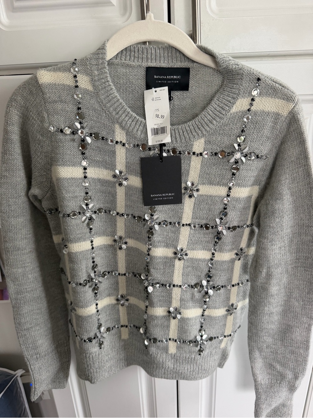Banana Republic Gray & Cream Jeweled Plaid Crewneck Sweater